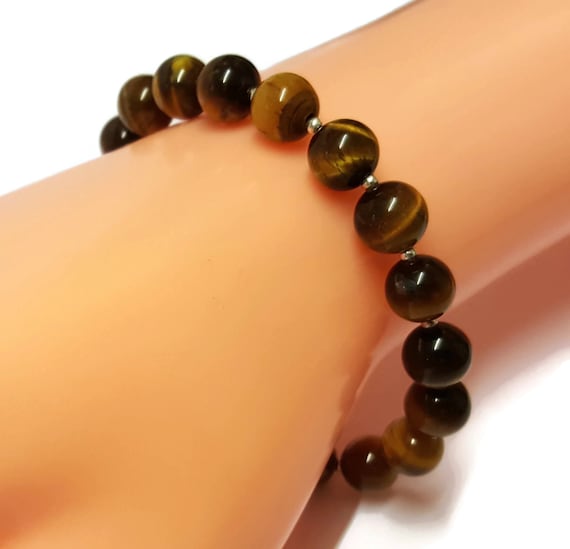 Amazon.com: Fit Selection Phoenix Tiger Eye Bracelet Solid  Tiger’s Eye Bracelet Brown Natural Gemstone Sterling Silver Beaded handmade display picture 1