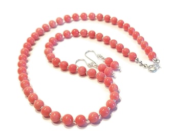 Pink Coral Sterling Silver Necklace and Earrings Set, Handmade Gemstone Jewellery