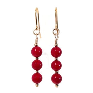 9ct Gold Red Coral Earrings, Dangle Earrings with Gold Beads, Gemstone Jewellery for Women, Gift for Friend, Sister, Wife, Daughter, Mother