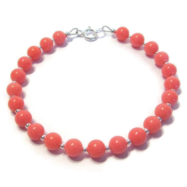 Pink Coral Bracelet, Sterling Silver Natural Stone Jewellery, Nature Inspired Gemstone Beaded Bracelet For Women