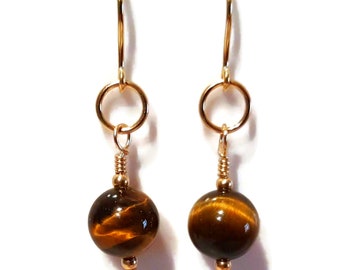 9ct Gold Tiger Eye Earrings, Drop Dangle Earrings and Gold Beads, Tiger's Eye Natural Gemstone Jewellery for Women