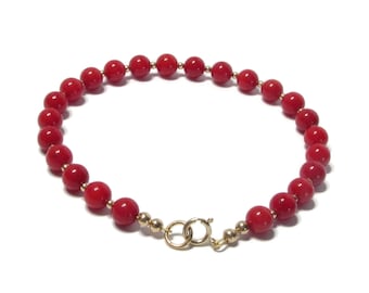 9ct Gold Red Coral Bracelet with Gold Beads, Natural Coral Gemstone Jewellery