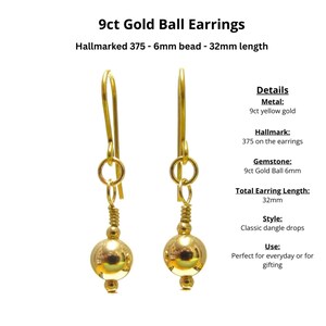 9ct Gold Earrings, Dangle Drop Earrings with 6mm Gold Balls, Gift Boxed image 2