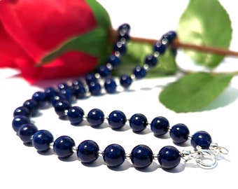 Lapis Lazuli Necklace, Handmade Sterling Silver Blue Bead Necklace with Silver Beads, Blue Gemstone Jewellery