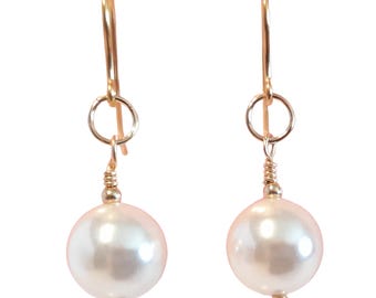 9ct Gold White Pearl Earrings, Large 12mm Shell Pearls and Gold Beads, Drop Earrings
