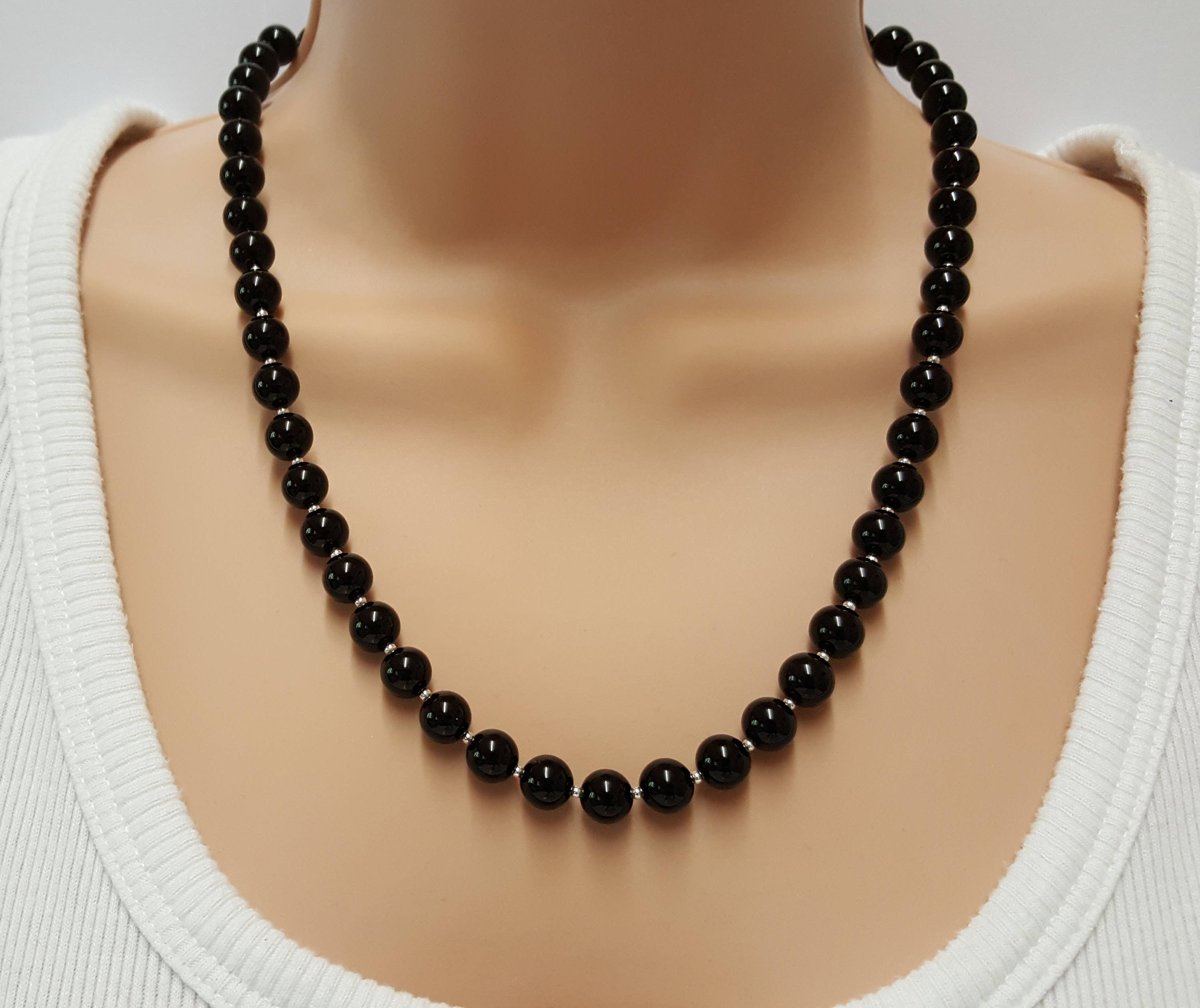 Black Onyx Necklace, Sterling Silver Bead Necklace, Protection Stone…