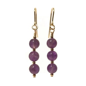 9ct Gold Amethyst Earrings with Gold Beads, Purple Amethyst Gemstone Drop Earrings
