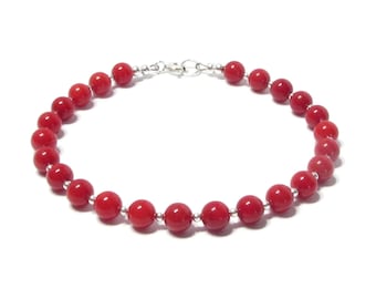 Red Coral Bracelet Sterling Silver, Natural 6mm Gemstone Beaded Jewellery Gift for Women