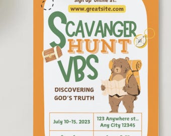 Scavenger Hunt VBS Flyer Template - Printable Vacation Bible School Invite | Christian Kids Event Poster | Editable VBS Handout