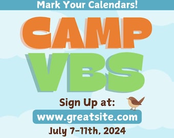 Invitación con tarjeta postal para la Escuela Bíblica de Vacaciones con temática de campamento y registro - Invitación imprimible para la Escuela Bíblica de Vacaciones