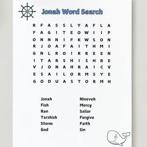 May include: A white paper with a blue nautical wheel graphic and the words "Jonah Word Search" in blue. Below is a word search puzzle with a list of words to find, including "Jonah" and "Fish". A cartoon whale is in the bottom right corner.