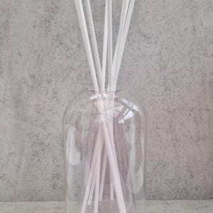 May include: A clear glass diffuser bottle with a rounded top and a cylindrical base. White reed sticks are inserted into the bottle. The diffuser sits on a grey, textured surface.