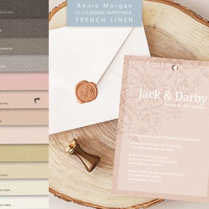May include: A wedding invitation with a pink floral pattern and the text "Jack & Darby Along with their families" and wedding details. The invitation is on a wooden surface with a wax seal.