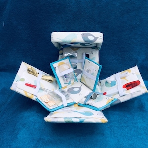 May include: A white and blue fabric sewing box with a bird pattern. The box is open and has multiple compartments filled with sewing supplies, including needles, thread, and a tape measure.