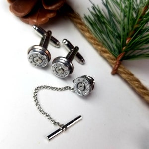 9mm Bullet Shell Cufflinks and Tie Clip