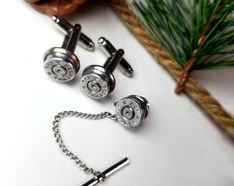 9mm Bullet Shell Cufflinks and Tie Clip