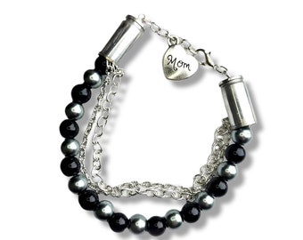 Bullet Bracelet with Pearl Beads and Chains with Mom Charm - Bullet Jewelry - Gifts for Her