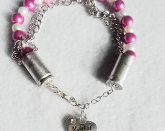 Bullet Ammo Bracelet with Pearl Beads and Chains with Maid of Honor Charm - Bullet Jewelry - Gifts for Her