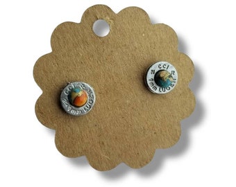 Copper & Turquoise Earrings bullet slice Studs 9 mm - gifts for her - ammo earrings