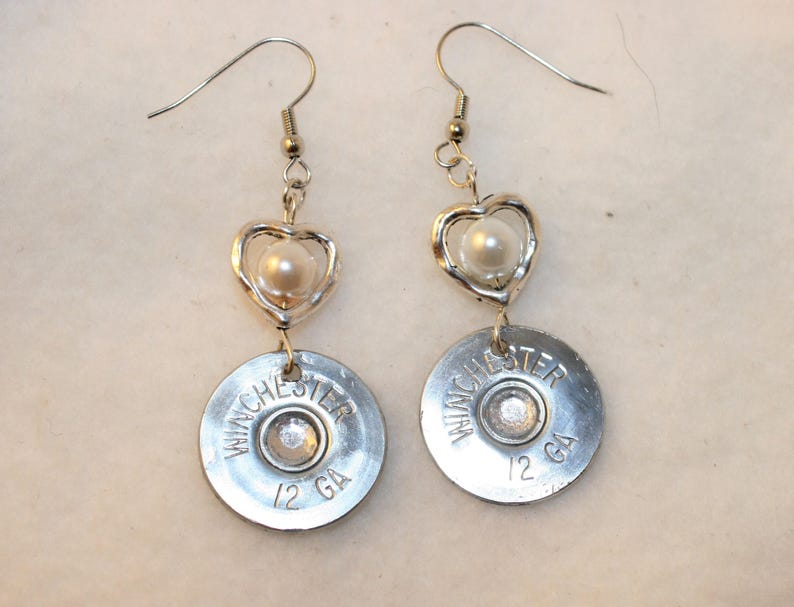 Shotgun Shell Earrings With Heart and Pearls Gift for Her Etsy