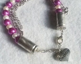 Bullet Ammo Bracelet with Pearl Beads and Chains with Daughter Charm - Bullet Jewelry - Gifts for Her