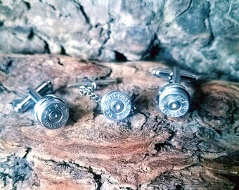9mm Bullet Shell Cufflinks and Tie Clip - Bullet jewelry - gifts for him - wedding - formal - cuffs