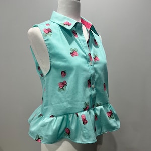 Vintage Upcycled Strawberry Top // Andrea B. Strawberry Button Up // Vintage Teal and Strawberry Shirt