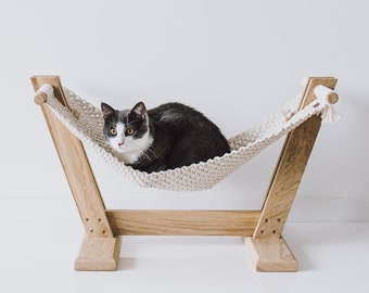 Hamac pour chat, lit pour chat ergonomique, meubles pour chat, macramé pour chat, hamac pour animaux de compagnie, cadeaux pour chat, hamac pour animaux de compagnie, hamac en macramé, lit en chêne, meubles écologiques