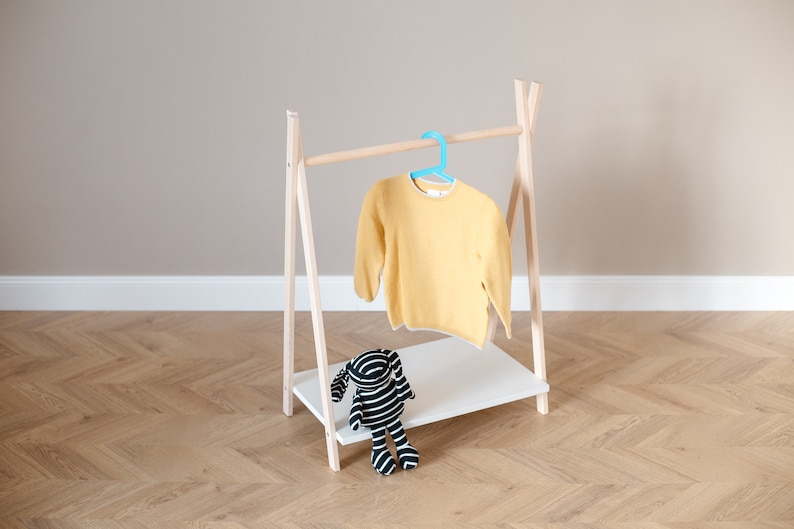 Maka Wooden Clothing Rack with Shelf, Kids Dress up Storage, Montessori Furniture, Natural Wood Furniture, Toddler Montessori Wardrobe Small image 1