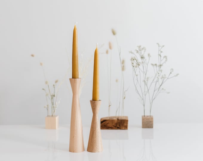 Featured listing image: Set of 2 Handturned Minimalist Wood Candlestick, Weiß, Oak Wood Candle Holder, Minimalist Scandinavian, Tape Candle Holder, Hygge Simple