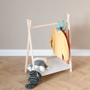 Maka Wooden Clothing Rack with Shelf, Kids Dress up Storage, Montessori Furniture, Natural Wood Furniture, Toddler Montessori Wardrobe Small image 7