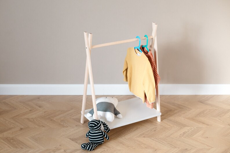 Maka Wooden Clothing Rack with Shelf, Kids Dress up Storage, Montessori Furniture, Natural Wood Furniture, Toddler Montessori Wardrobe Small image 7