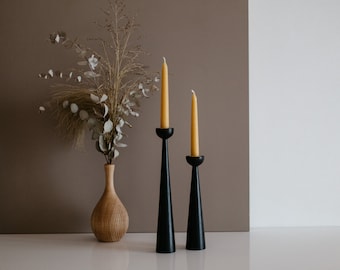 Limited Black Edition, Set of 2 Handturned Minimalist Wood Candlestick, Oak Wood Candle Holder, Minimalist Scandinavian, Tape Candle Holder