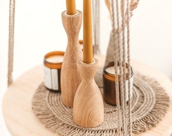 Oak Wood Candlestick Set: Handturned Natural Wood Candle Holders