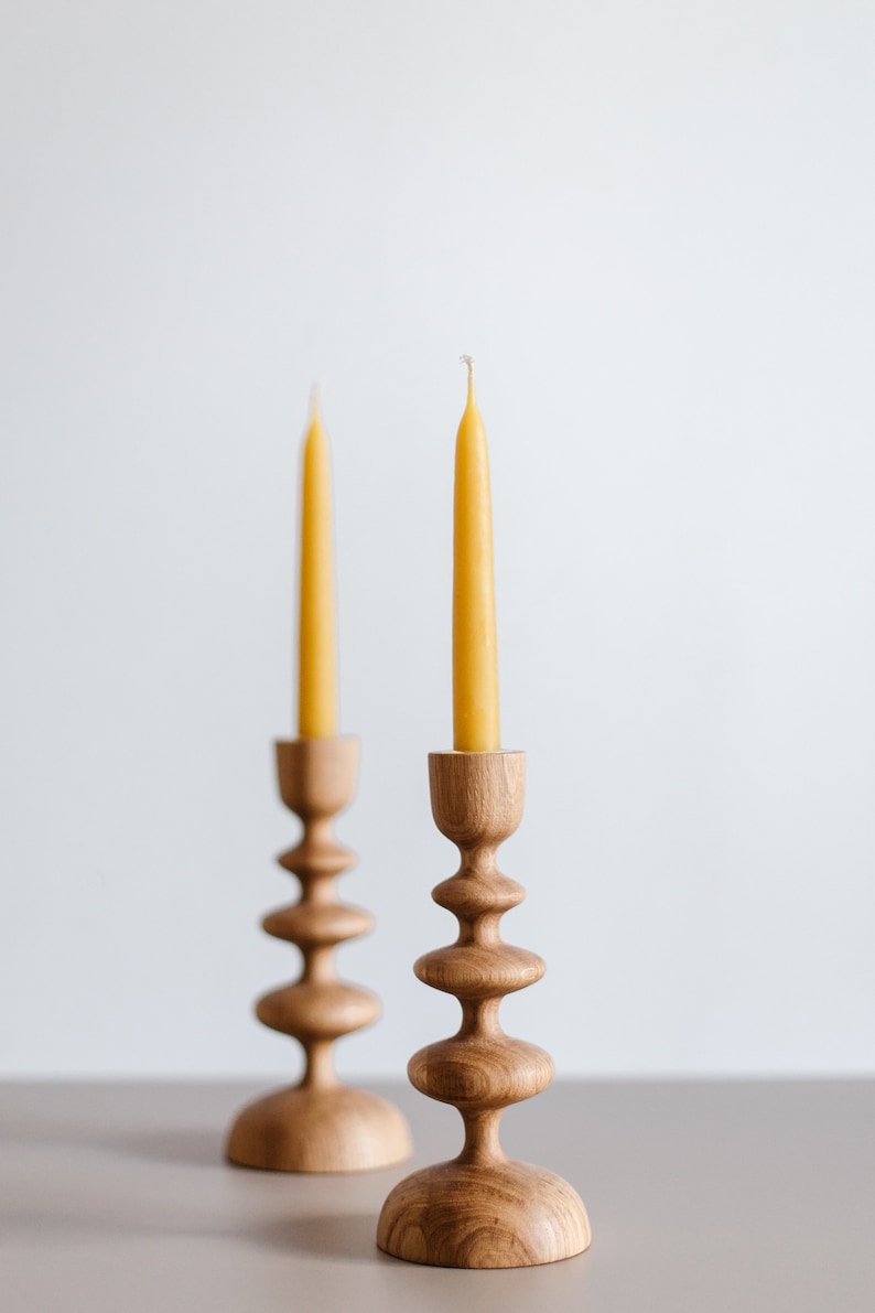 Set of 2 Handturned Minimalist Wood Candlestick Wave, Oak Wood Candle Holder, Minimalist Scandinavian, Tape Candle Holder, Hygge Simple image 3