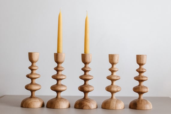 Set of 2 Handturned Minimalist Wood Candlestick Wave, Oak