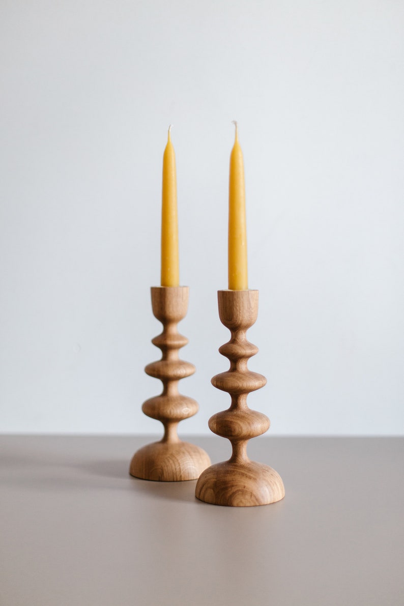 Set of 2 Handturned Minimalist Wood Candlestick Wave, Oak Wood Candle Holder, Minimalist Scandinavian, Tape Candle Holder, Hygge Simple Holders with tapers