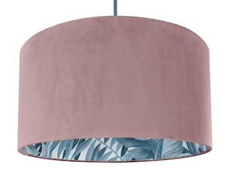 Dusty pink velvet with blue leaf lampshade