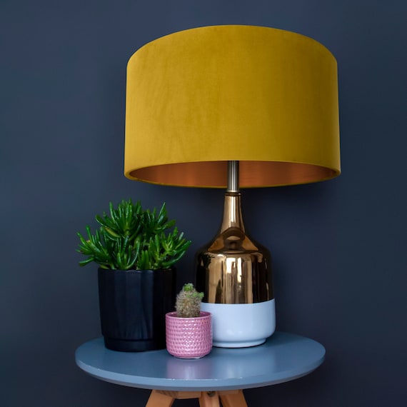 Mustard velvet with brushed copper liner lampshade