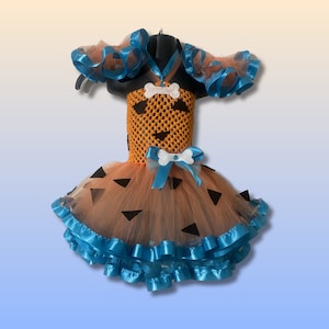 Deluxe Orange Pebbles Halloween Costume with bow and anklets, Pebbles Flintstone Inspired tutu dress for toddler, birthday girl kids outfit