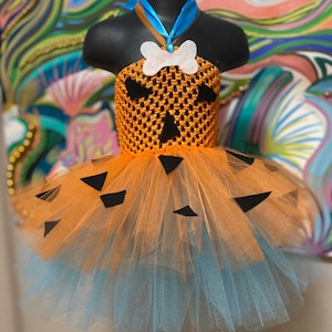 Pebble Costume in Orange Halloween Birthday Tutu dress with Bone Bow, Flinstones Costume for baby girl, Cave girl birthday outfit