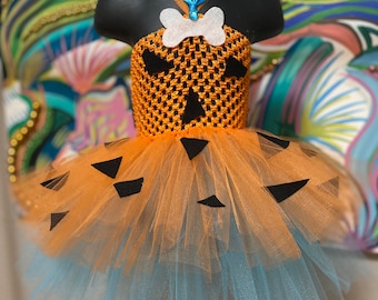 Pebble Costume in Orange Halloween Birthday Tutu dress with Bone Bow, Flinstones Costume for baby girl, Cave girl birthday outfit