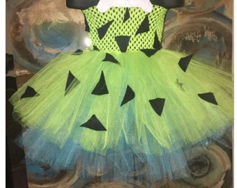 Lime Pebbles Halloween Tutu dress Costume, Flintstone Costume for babygirl, pebbles costume for toddler tutu