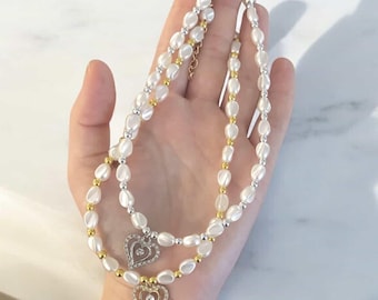 Pearl Necklace with Heart Pendant • Beaded Pearl Necklace • Beaded Choker Necklace