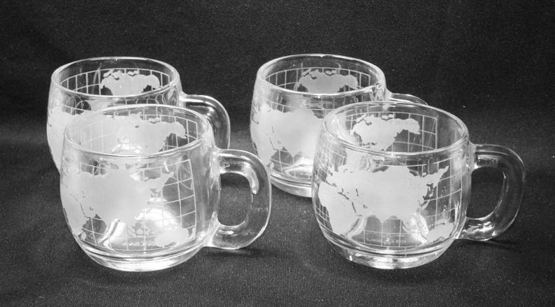 4 Nestle World Cup Clear Crystal Cups / Mugs With World Map Design image 1