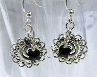 Silver Filigree Earrings, Small Earrings, Czech Crystal earrings, Butterfly earrings, Silver Earrings, Ring Dangle Earrings
