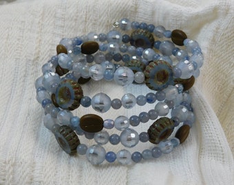 Blue and Brown Wrap Bracelet, Gemstone Bead Bracelet, Czech bead Bracelet, Memory Wire Bracelet, Wrap Bracelet, stack bracelet