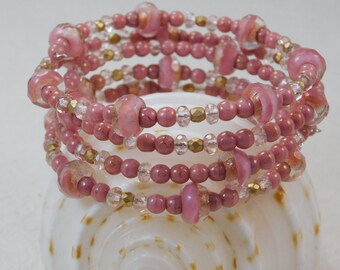 Pink and Gold Wrap Bracelet, Pink Bracelet, Czech bead Bracelet, Memory Wire Bracelet, Wrap Bracelet, stack bracelet