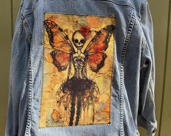 Chaqueta vaquera reciclada (talla 1X) - Día de Muertos - Esqueleto - Mariposa Monarca