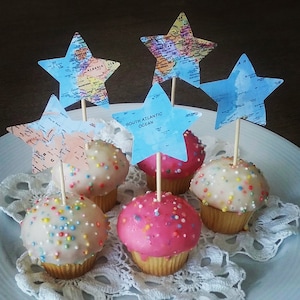 Atlas Cupcake Topper, Map Cupcake Topper, World Map Cupcake Topper, Party Decorations,Bon Voyage Party, Star Cupcake Topper, Atlas Picks